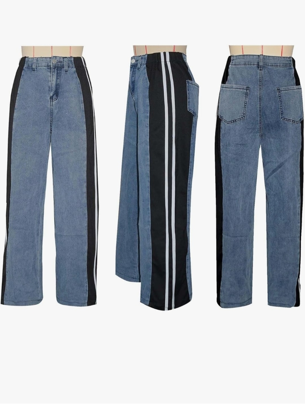Women’s Two-Tone Blue Denim Wide-Leg Jeans with Black Side Panels